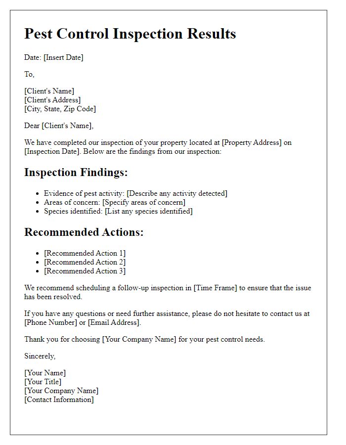 Letter template of pest control inspection results.