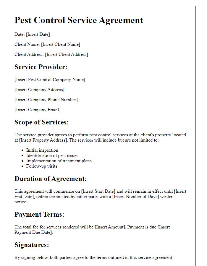 Letter template of pest control service agreement.