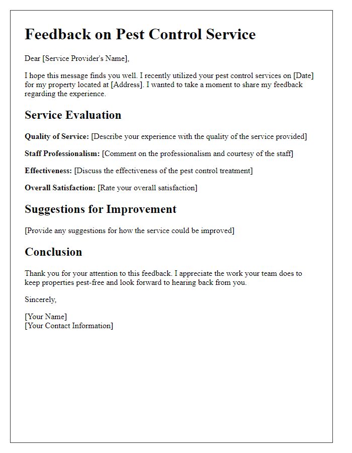 Letter template of pest control service feedback.