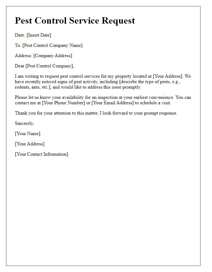 Letter template of pest control service request.