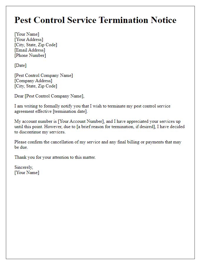 Letter template of pest control service termination.