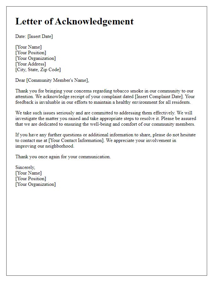 Letter template of acknowledgement of tobacco smoke complaints from community members.