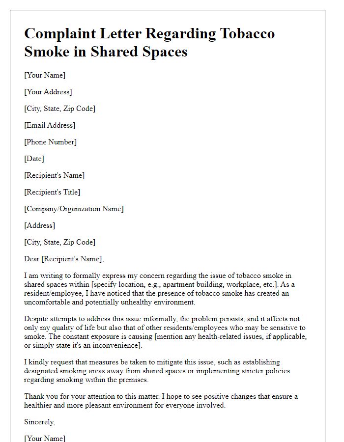 Letter template of complaint regarding tobacco smoke in shared spaces.