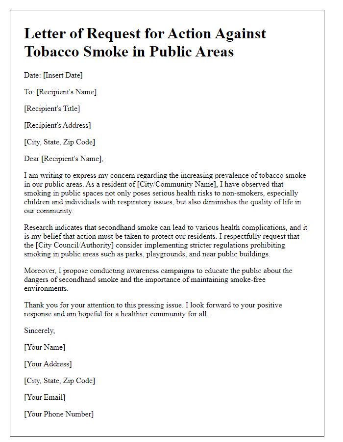 Letter template of request for action against tobacco smoke in public areas.