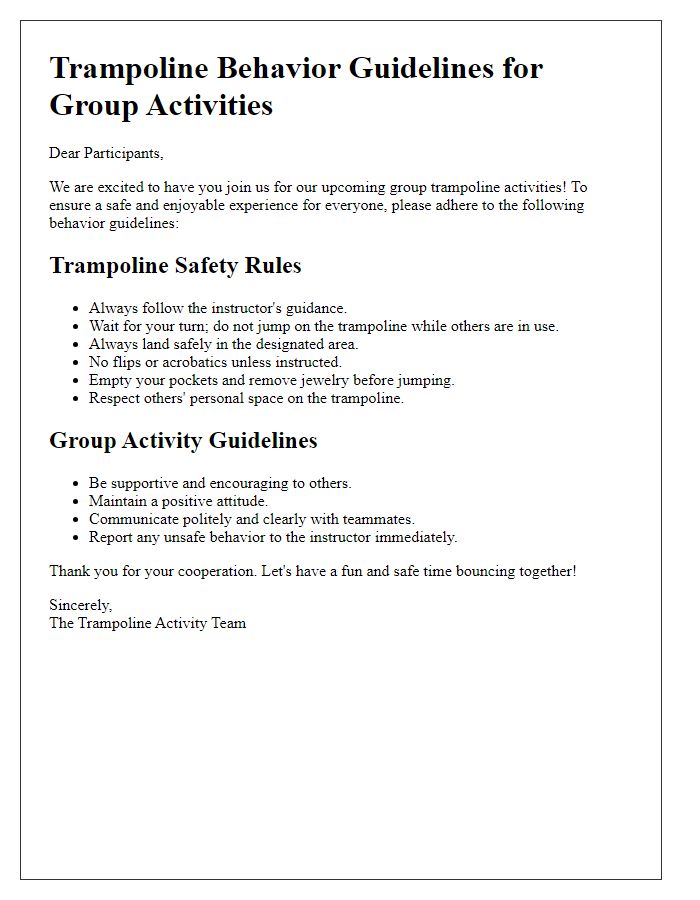 Letter template of Trampoline Behavior Guidelines for Group Activities