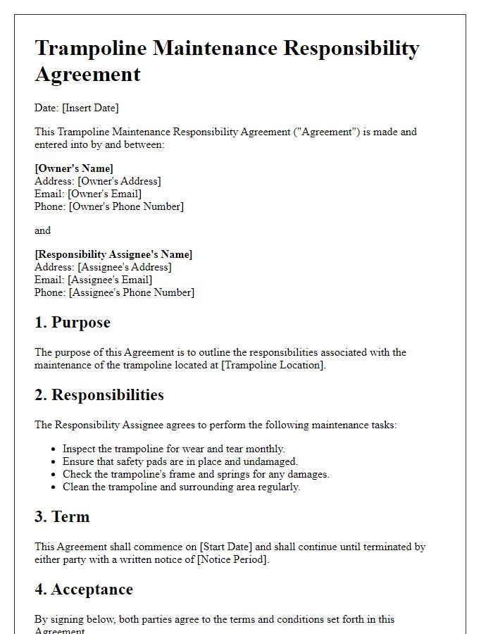 Letter template of Trampoline Maintenance Responsibility Agreement