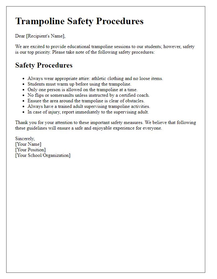 Letter template of Trampoline Safety Procedures for Educational Purposes