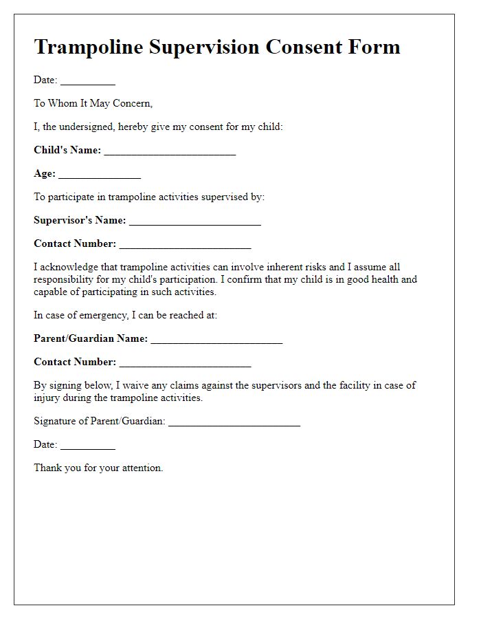 Letter template of Trampoline Supervision Consent for Minors