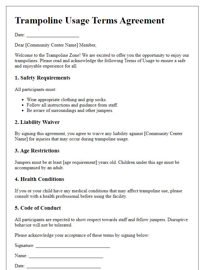 Letter template of Trampoline Usage Terms for Community Centers