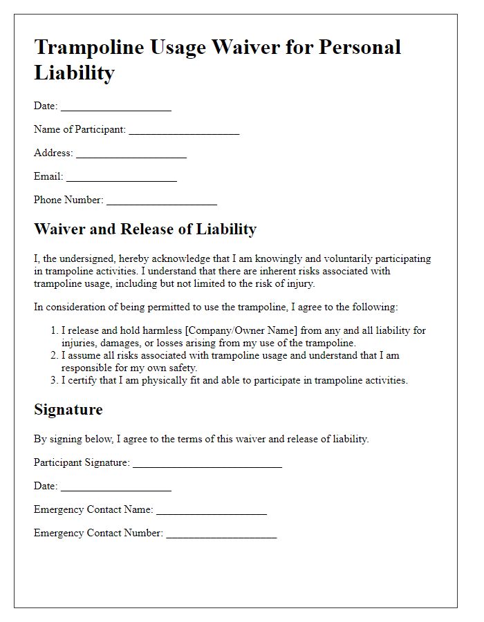 Letter template of Trampoline Usage Waiver for Personal Liability