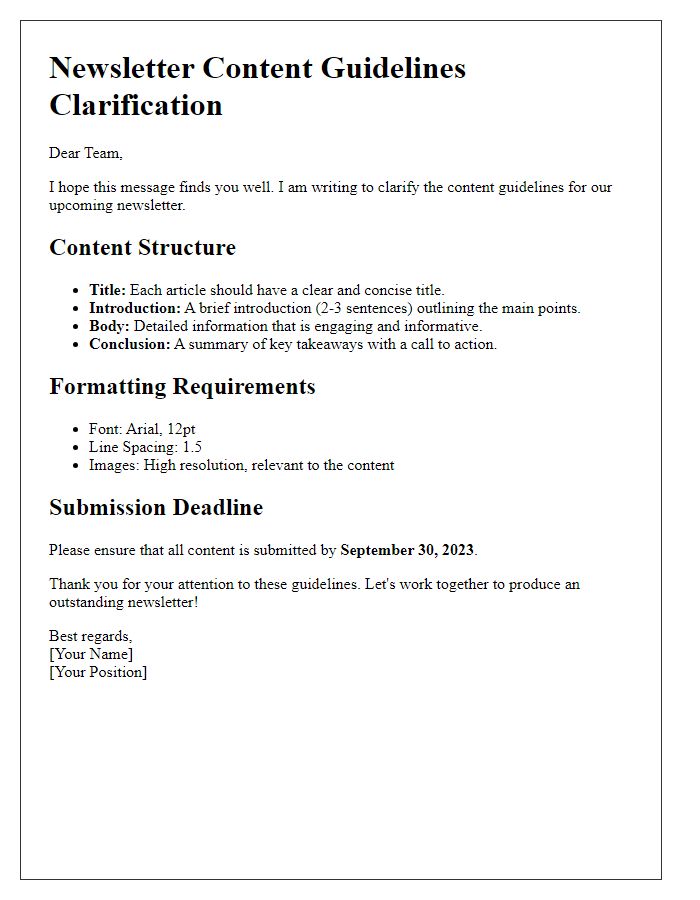 Letter template of newsletter content guideline clarification