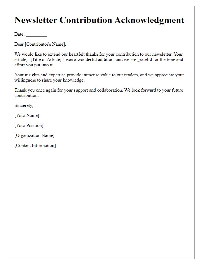 Letter template of newsletter contribution acknowledgment