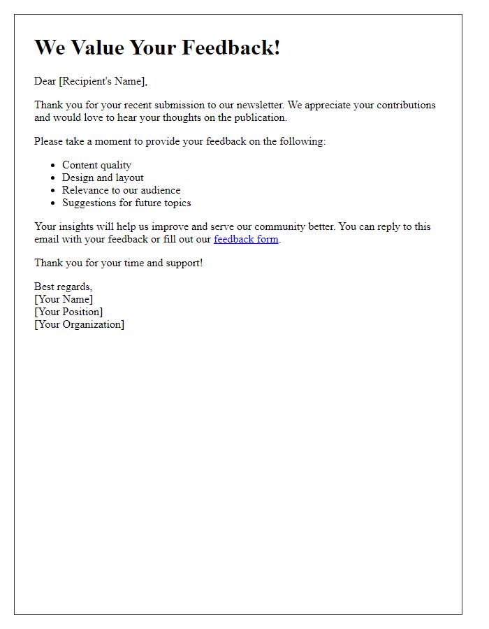 Letter template of newsletter feedback request on submissions