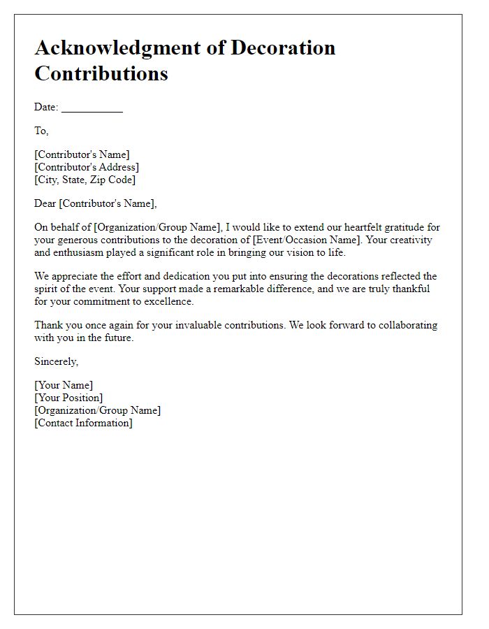 Letter template of acknowledgment for decoration contributions