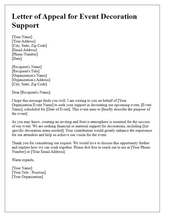 Letter template of appeal for event decoration support