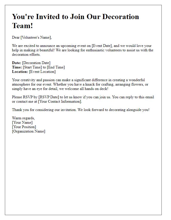 Letter template of invitation for volunteers in decoration efforts