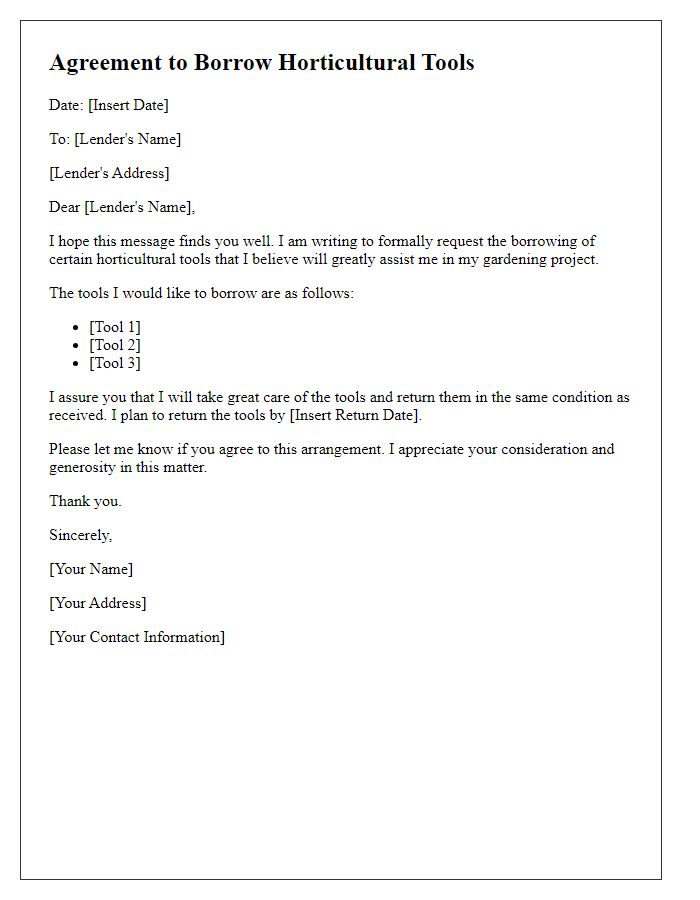 Letter template of agreement to borrow horticultural tools