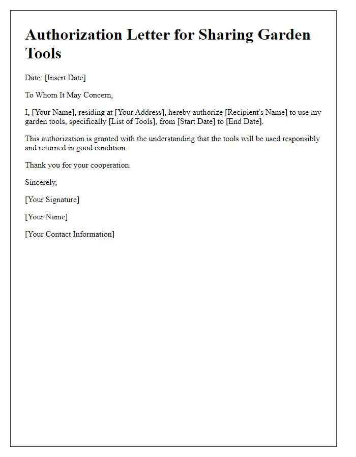 Letter template of authorization for sharing garden tools