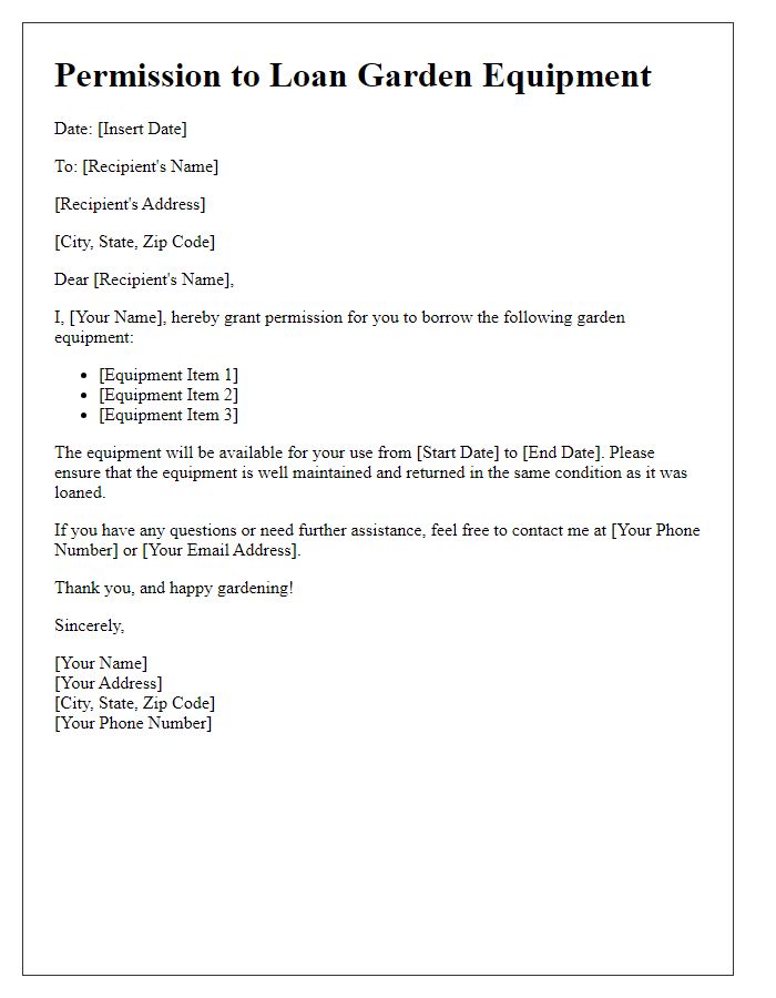 Letter template of permission for loaning garden equipment