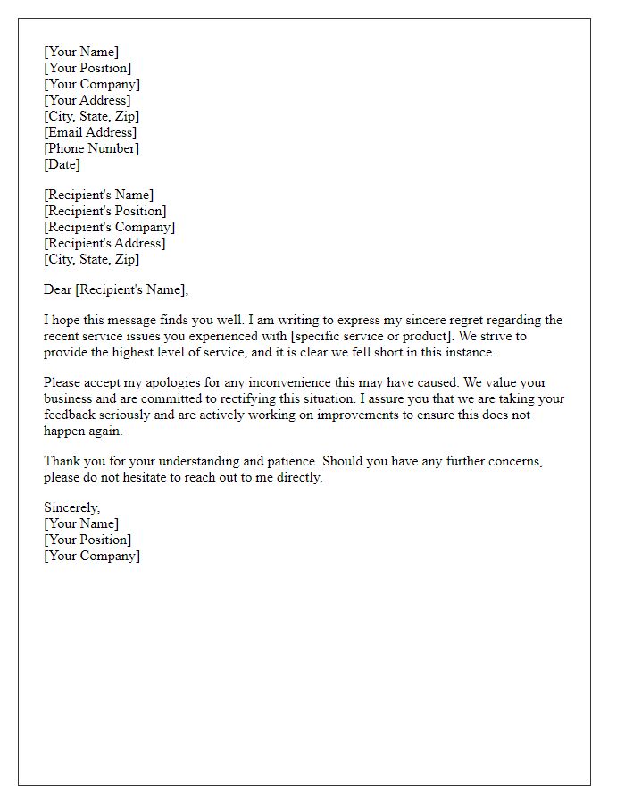 Letter template of professional regret regarding service issues.