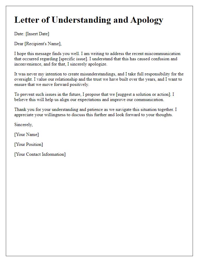 Letter template of understanding and apology for miscommunication.