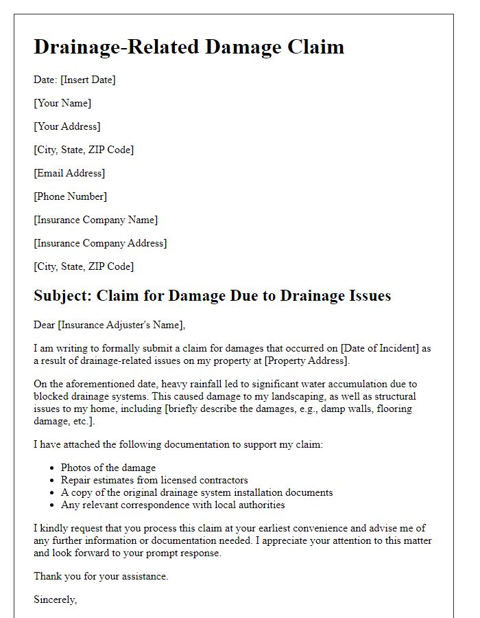 Letter template of documentation for drainage-related damage claims