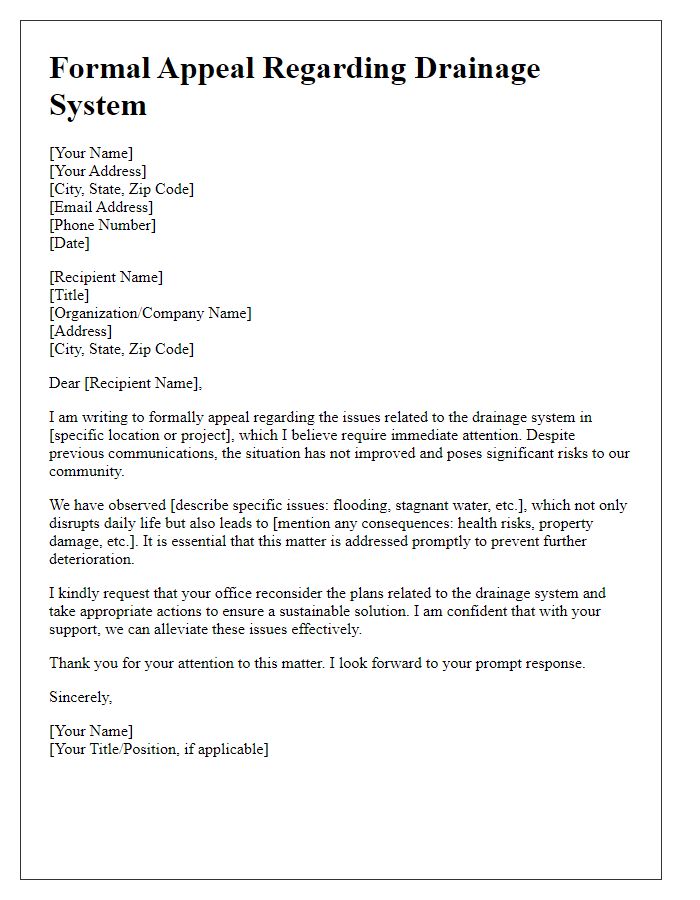 Letter template of formal appeal regarding drainage system