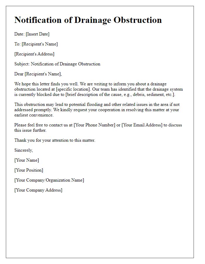 Letter template of notification of drainage obstruction