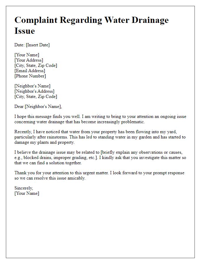 Letter template of water drainage complaint against neighbor