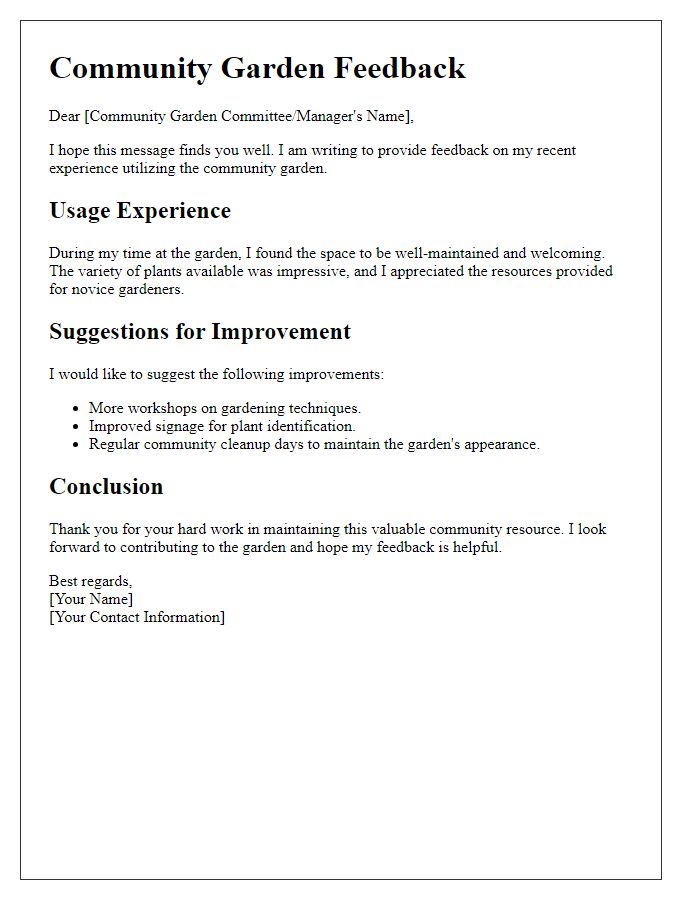 Letter template of feedback on community garden usage