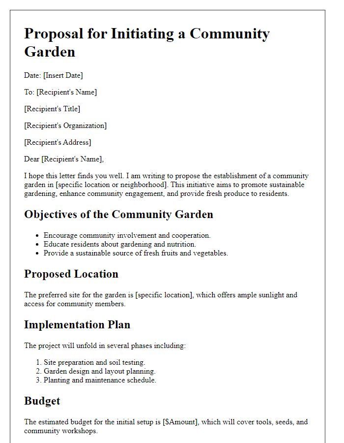 Letter template of proposal for initiating a community garden