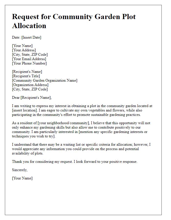 Letter template of request for community garden plot allocation