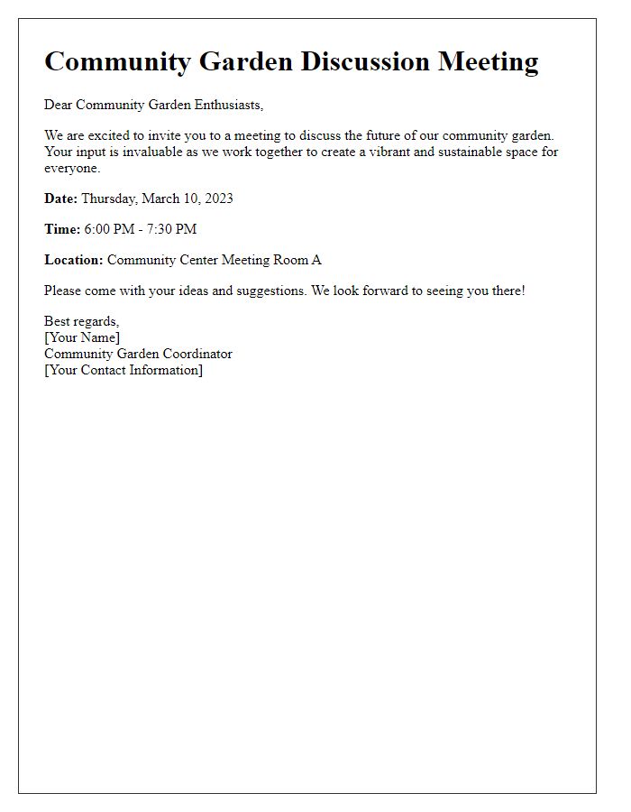 Letter template of scheduling a meeting for community garden discussions