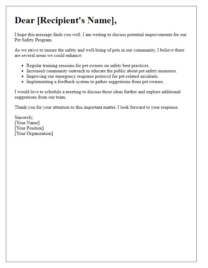 Letter template of communication for pet safety program improvements.