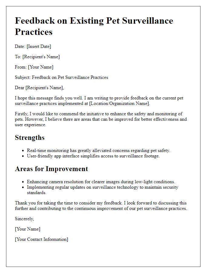 Letter template of feedback on existing pet surveillance practices.