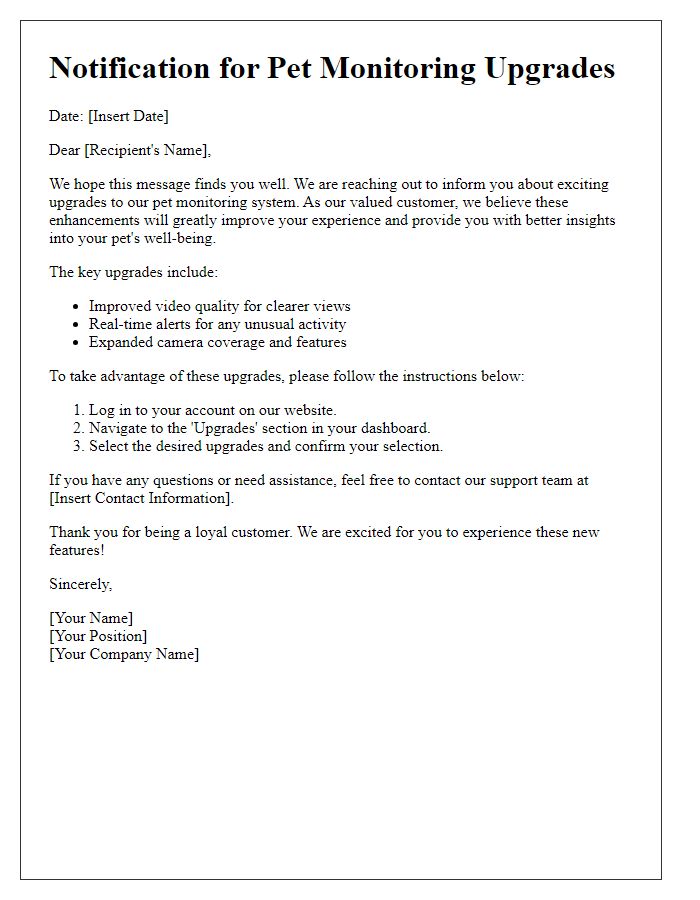 Letter template of notification for seeking pet monitoring upgrades.