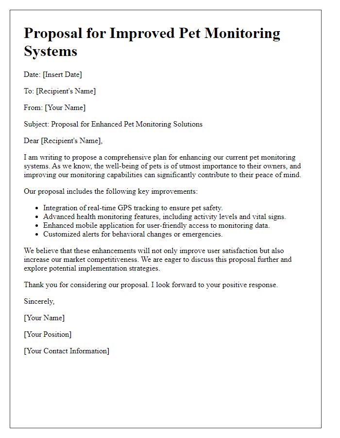 Letter template of proposal for improved pet monitoring systems.