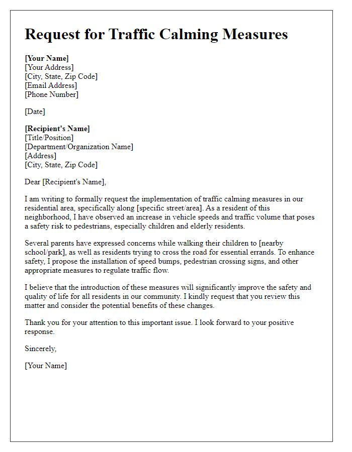 Letter template of request for traffic calming measures in residential area