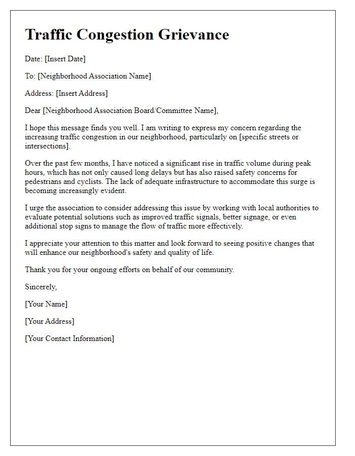 Letter template of traffic congestion grievance for neighborhood association