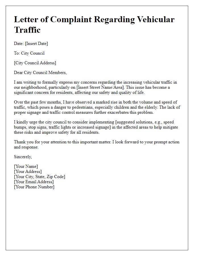 Letter template of vehicular traffic complaint addressed to city council