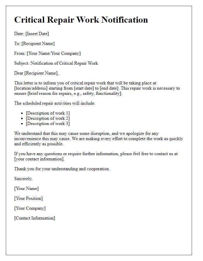 Letter template of critical repair work communication