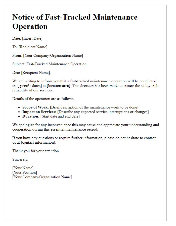 Letter template of fast-tracked maintenance operation notice