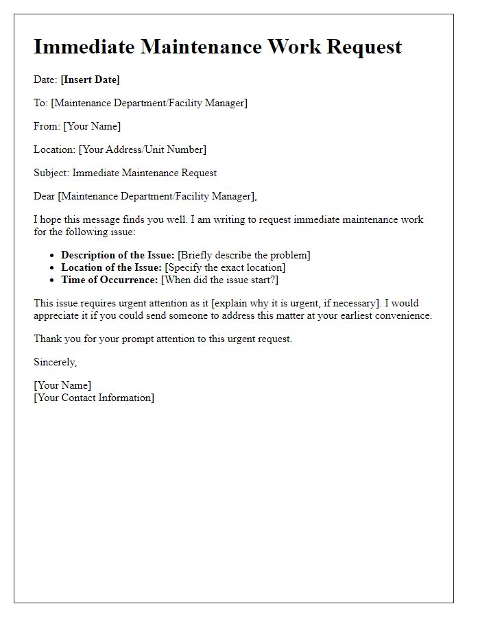 Letter template of immediate maintenance work request