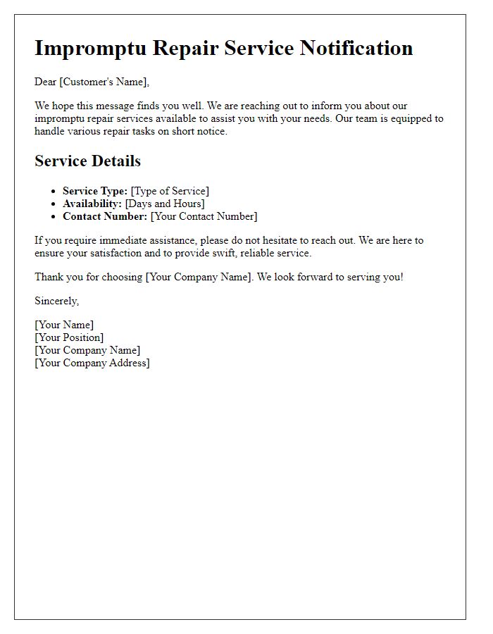 Letter template of impromptu repair service information