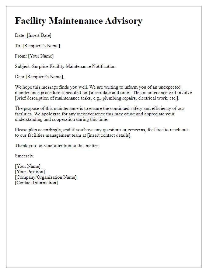 Letter template of surprise facility maintenance advisory