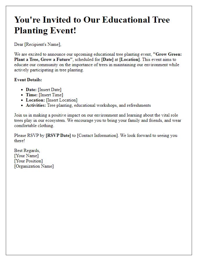 Letter template of educational tree planting event