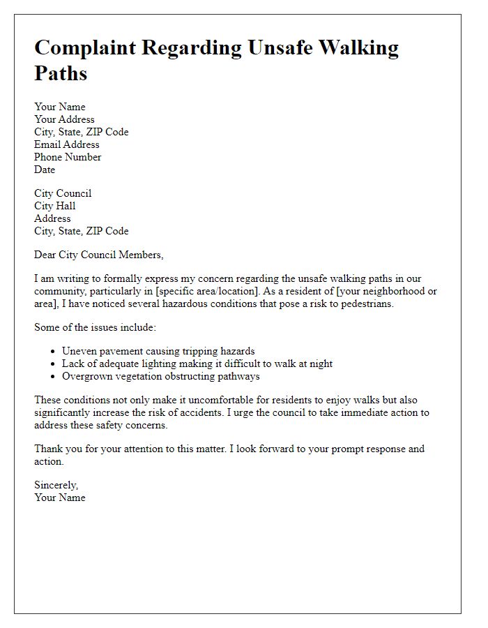 Letter template of complaint regarding unsafe walking paths