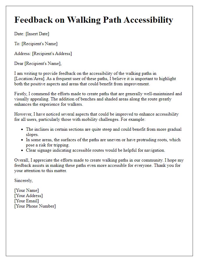 Letter template of feedback on walking path accessibility