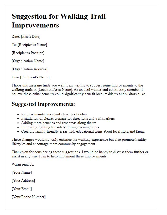 Letter template of suggestion for walking trail improvements