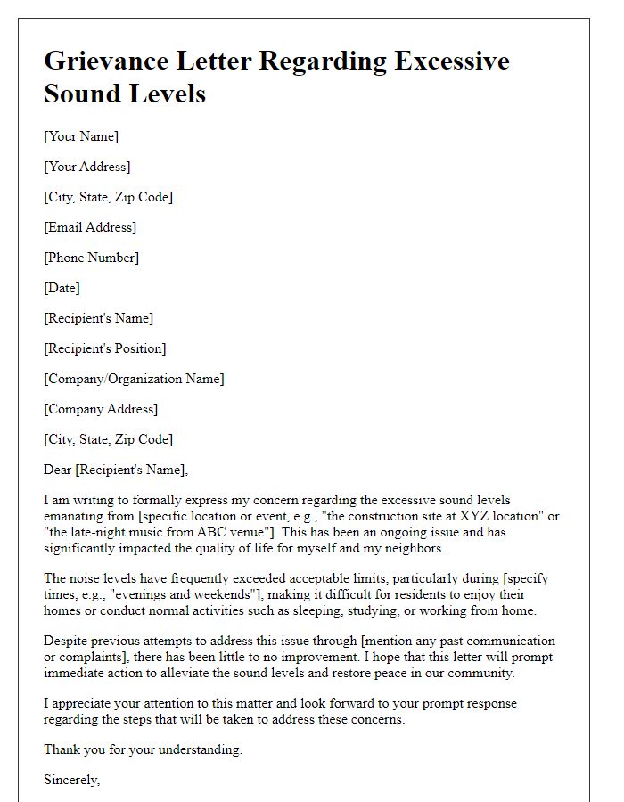 Letter template of grievance regarding excessive sound levels